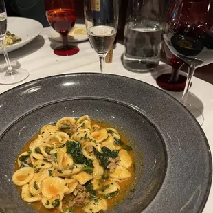 Orecchiette with a light tomato/white wine sauce and sausage