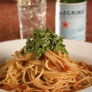 Spaghetti Pomodoro: tomatoes, onions, basil, EVOO, parm