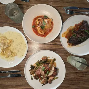 Almond tortellini steak, Bolognese and roasted chicken