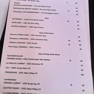 Sparkling, White and Rosé wine list