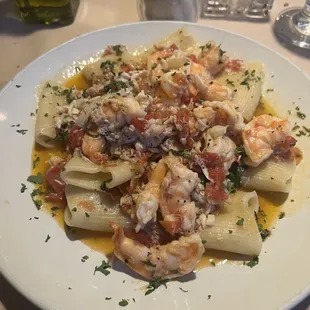 Homemade rigatoni with shrimp and crab