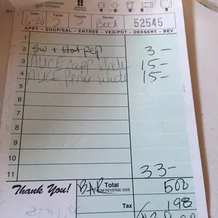 Dinner for 2 and a Stella Artois. Old School checks w great prices for the specialty.