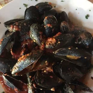 Rich red sauce mussels. Flavorful!