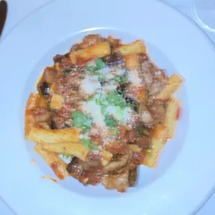 Rigatoni with eggplant and sausage.