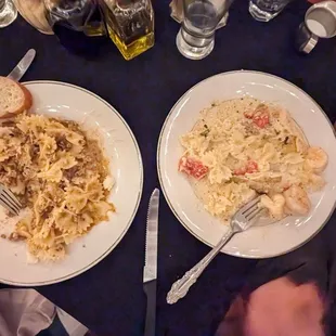 Pasta bolognese and an amazing shrimp dish that was supposed to be on crostini but we got it on the housemade farfalle and it was delicious!