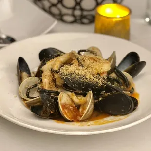 Squid ink spaghetti with seafood