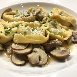 a plate of pasta with mushrooms and parmesan cheese