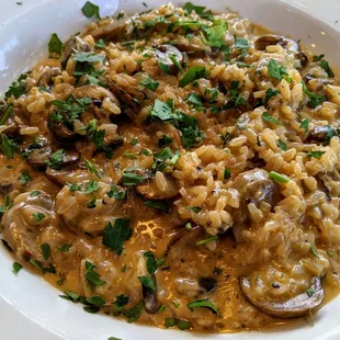 Risotto with spicy sausage and mushrooms.