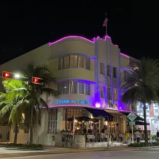 the outside of a building at night