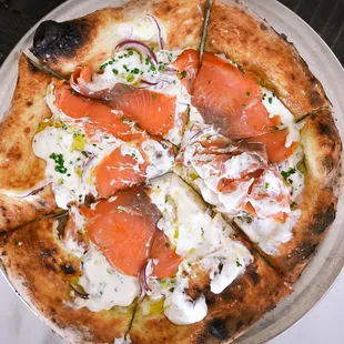 Salmon Gravlax pizza with Red Onion and Creme Fraiche