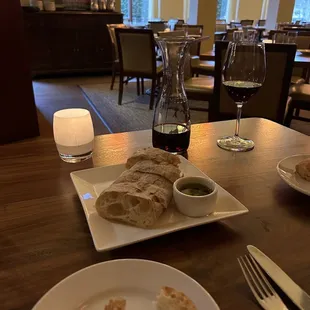 a plate of bread and a glass of wine