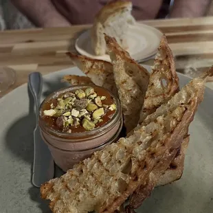 Chicken liver pate with apricot jam and pistachios. Kicking myself for not buying more to go.