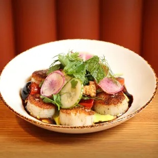 Seared Scallops, Spring Vegetable Panzanella, Pickled Peppers