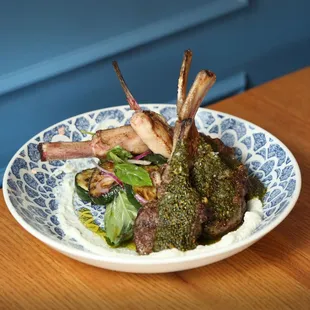 Grilled Lamb Rack Wood-Fired Zucchini, Pistachio, Mint