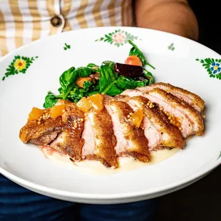 ANATRA: seared duck breast, sunchoke puree, baby beets, spinach
peach mostarda