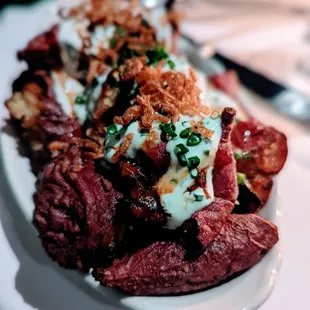 Japanese Sweet Potatoes with chive crème fraiche &amp; Carr's cider. Delicious!