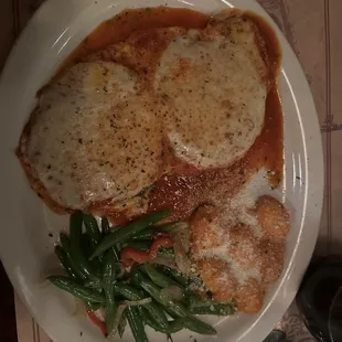 Chicken Parmigiana with a side of Gnocchi and Green Beans