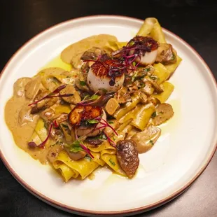 Handmade Pappardelle noodles with Scallops w/ heavy cream, white wine sauce, porcini mushrooms and garlic