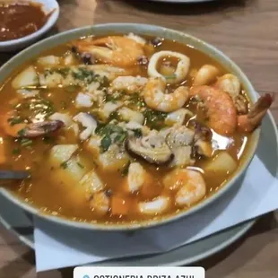 a bowl of seafood soup