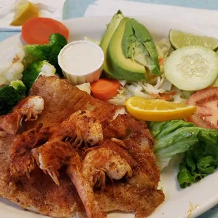 Blacken Tilapia , shrimp , vegetables and avocado