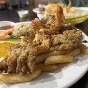 Fried Shrimp with fried rice, fried oysters, and salad...