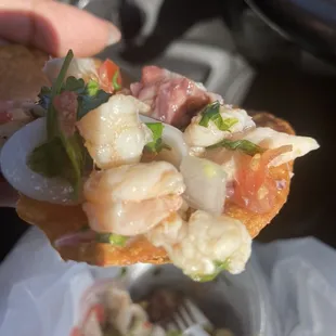 a hand holding a piece of bread