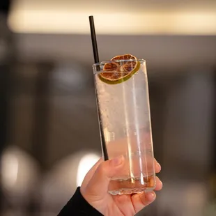 a person holding a tall glass of water