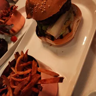 a hamburger and french fries