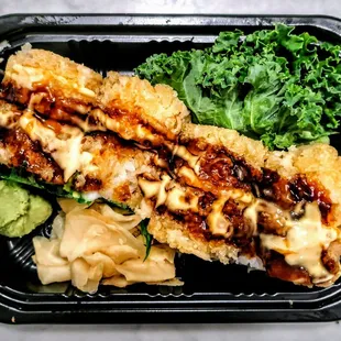 Shrimp Tabasco Roll: Shrimp Avocado Roll Inside Topped With Tempura Shrimp In Chef&apos;s Special Tabasco Mayo &amp; Eel Sauce. $15.95