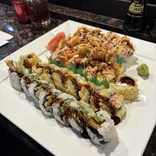 Left to right (bottom to top) chicken teriyaki roll, Crazy Girl roll, chili shrimp roll, and yam sweet potato roll. Our favorites!