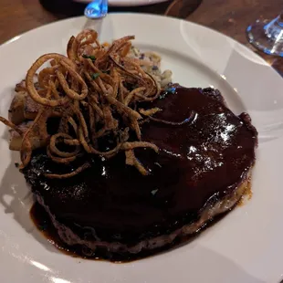 angus rib eye   42 black eyed peas, sweet potatoes, kohlrabi, crispy onions, bordelaise