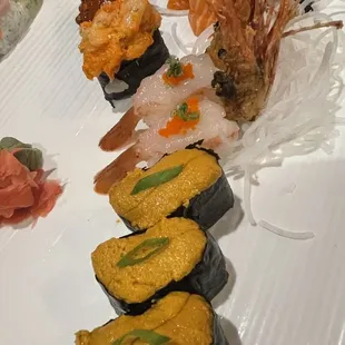 Uni, salmon, salmon roe, half and half, sweet shrimp