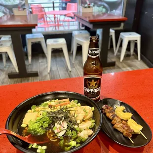 Seafood ramen and Chicken Yakitori/ Curry Shrimp