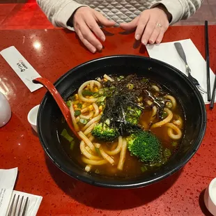 Vegan friendly udon noodles made medium spicy