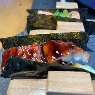 Unagi and salmon hand roll