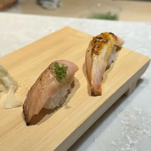 Salmon belly and snow crab uni butter nigiri