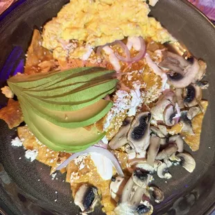 Chilaquiles rojos with mushrooms