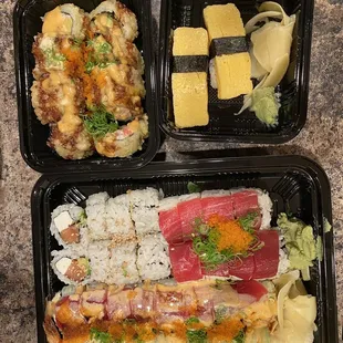 Philly Roll, Super California roll, Creamy Maguro Roll, Fire Starter Roll, Tamago, Avalon Roll