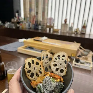 Zansai - escargot, lotus root chip, sawagani