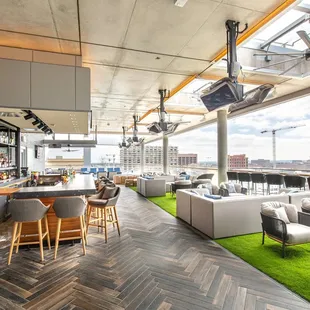 a view of a rooftop bar and lounge area