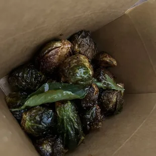 a box full of brussels sprouts
