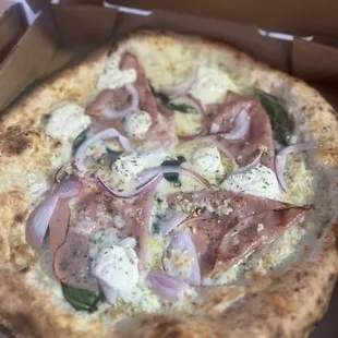 Red onions, mortadella, garlic, basil, olive oil, whipped ricotta