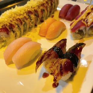 Yellow tail, salmon, tuna, unagi, and some other rolls.