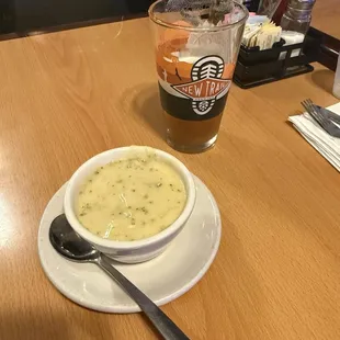 Broccoli and cheddar soup with a draft IPA