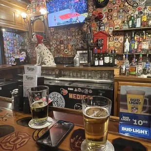 a bar with two beers and a dog