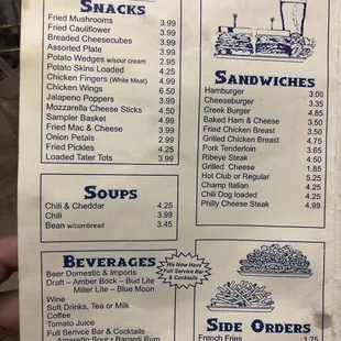 Otter creek tavern snacks soups beverages sandwiches and side orders