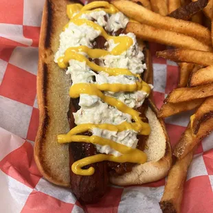 Hot Dog with chili, slaw, and mustard and perfectly seasoned fries