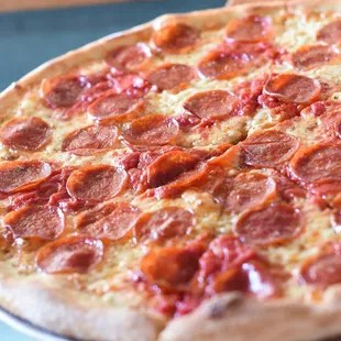 a pepperoni pizza on a plate