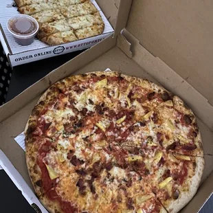 Front: Fresh Pineapple, Bacon &amp; Hot Honey Back: 2-Cheese Garlic Sticks