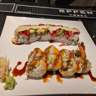 Front- shrimp tempura sushi, back American Tuna roll